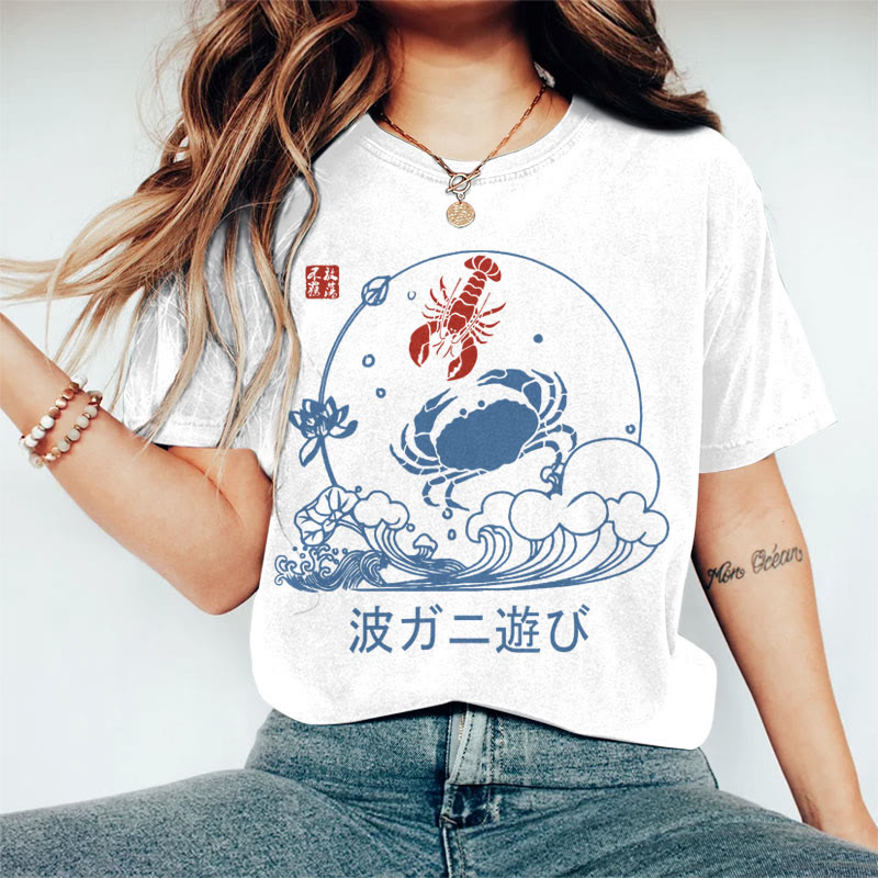 100% Cotton Women's Japanese Vintage Lobster & Crab Art Print Casual T-shirt - White - 2XL - image 1