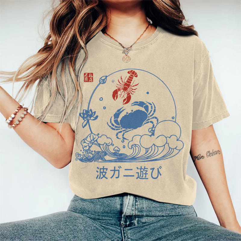 100% Cotton Women's Japanese Vintage Lobster & Crab Art Print Casual T-shirt - Khaki - 2XL - image 2