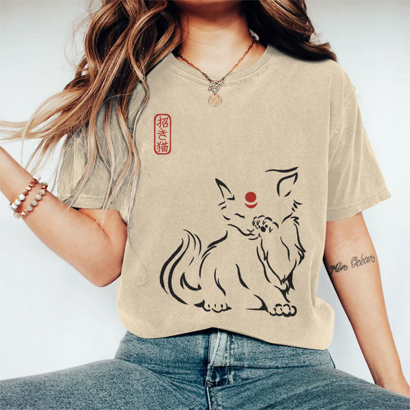 100% Cotton Women's Japanese Abstract Lucky Cat Art Print Casual T-shirt - Khaki - 2XL - image 1
