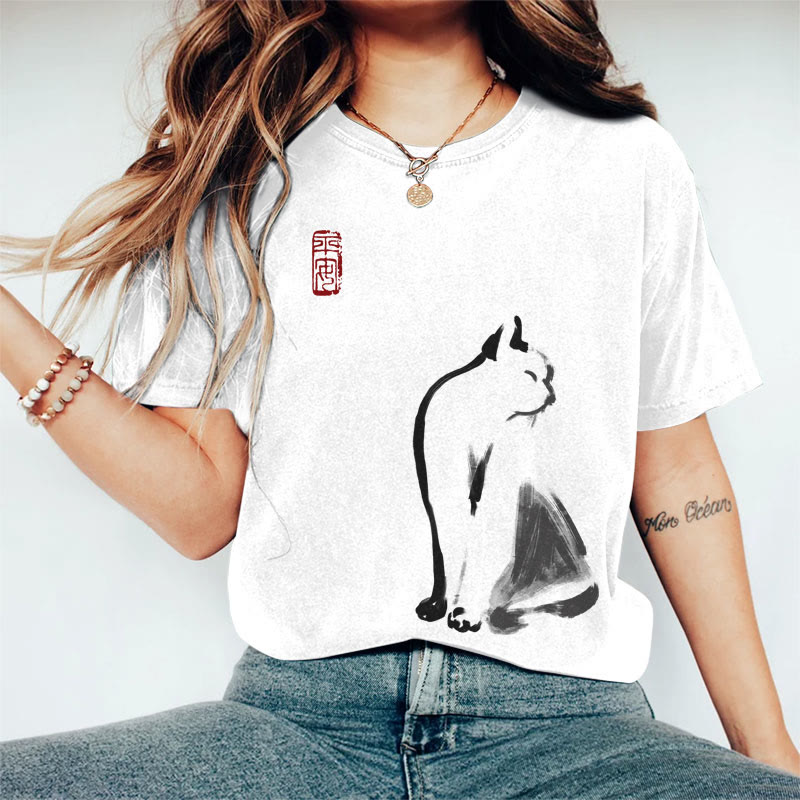 100% Cotton Women's Japanese Abstract Ink Painting Cat Art Print Casual T-shirt - White - 2XL - image 1