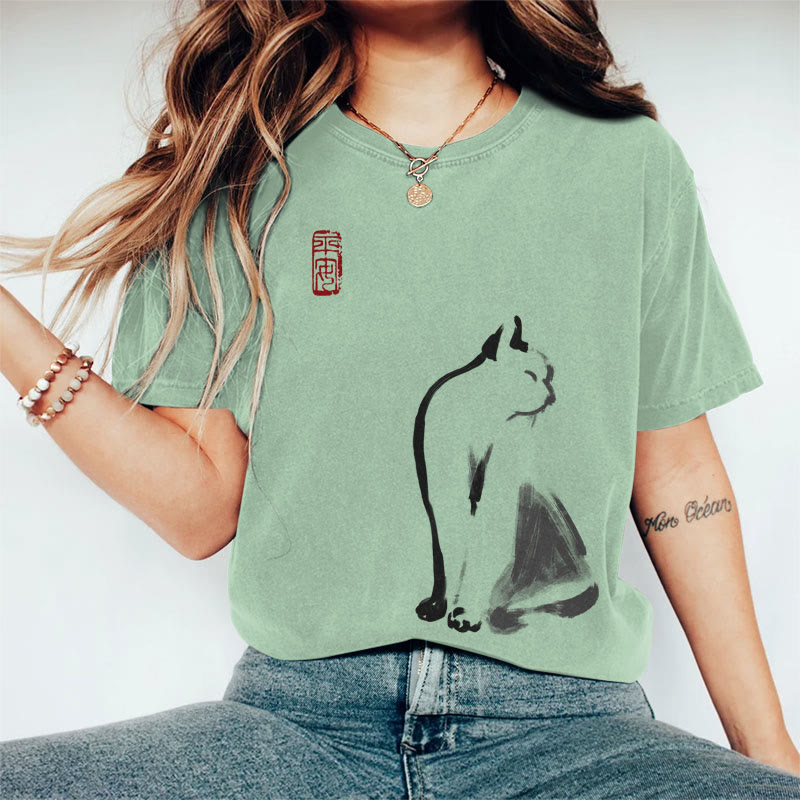100% Cotton Women's Japanese Abstract Ink Painting Cat Art Print Casual T-shirt - Green - 2XL - image 5