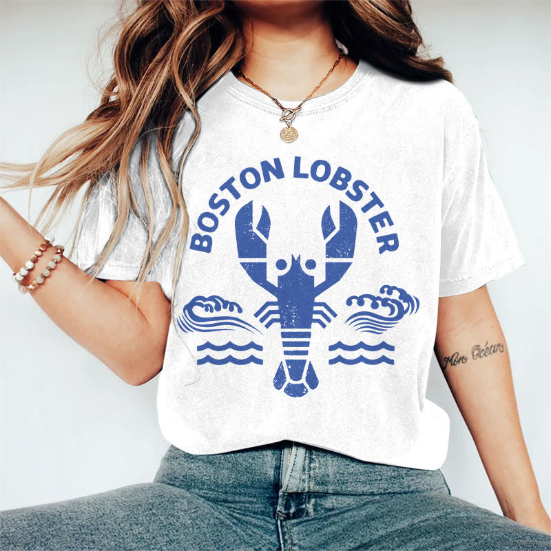100% Cotton Women's Vintage Boston Lobster Art Print Casual T-shirt - White - 2XL - image 2