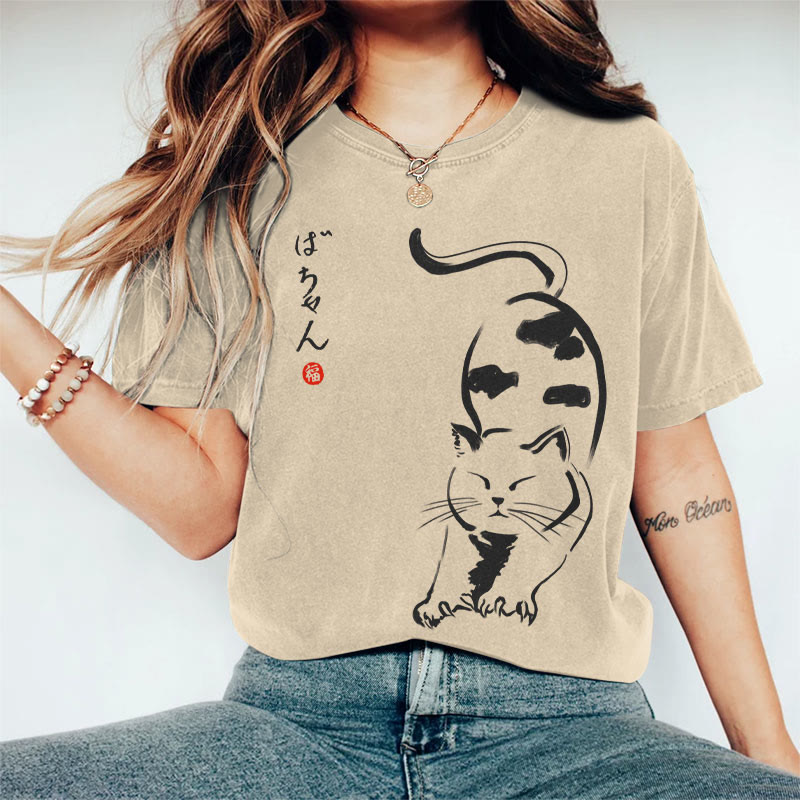 100% Cotton Women's Japanese Stretching Cat Art Print Casual T-shirt - Khaki - 2XL - image 1