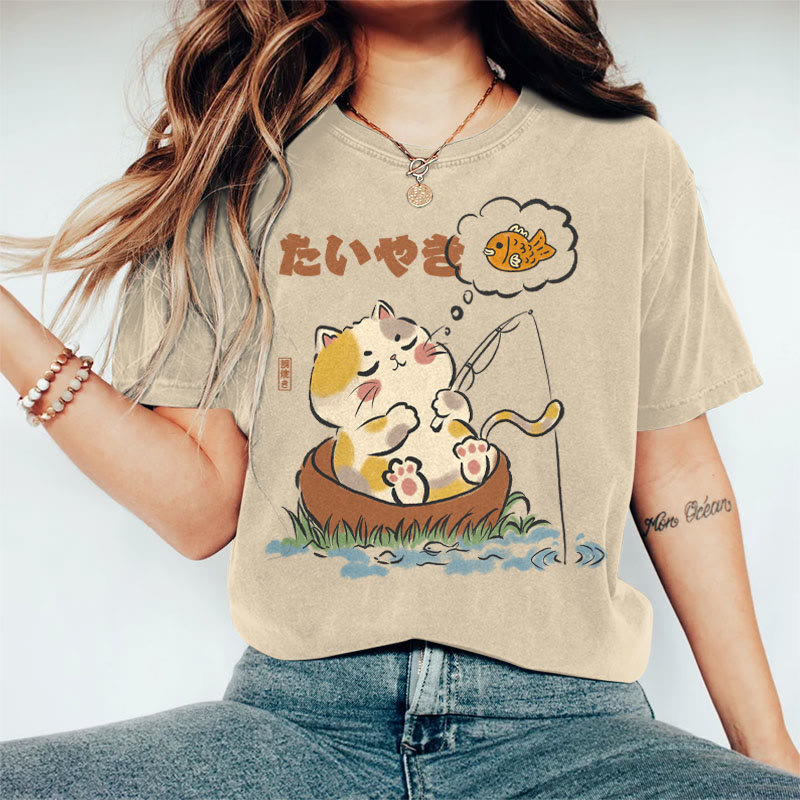 100% Cotton Women's Japanese Cat Fantasy Of Catching Fish Art Print Casual T-shirt - Khaki - 2XL - image 2