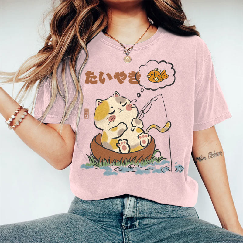 100% Cotton Women's Japanese Cat Fantasy Of Catching Fish Art Print Casual T-shirt - Pink - 2XL - image 1