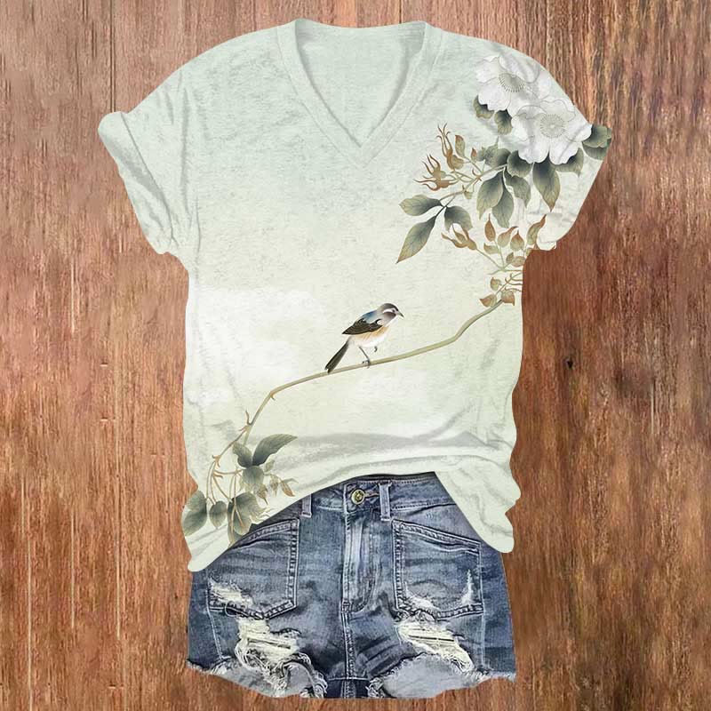 Chinese Painting Of Flowers And Birds Art Print V-neck T-shirt - Mint - US32-34(5XL) - image 1