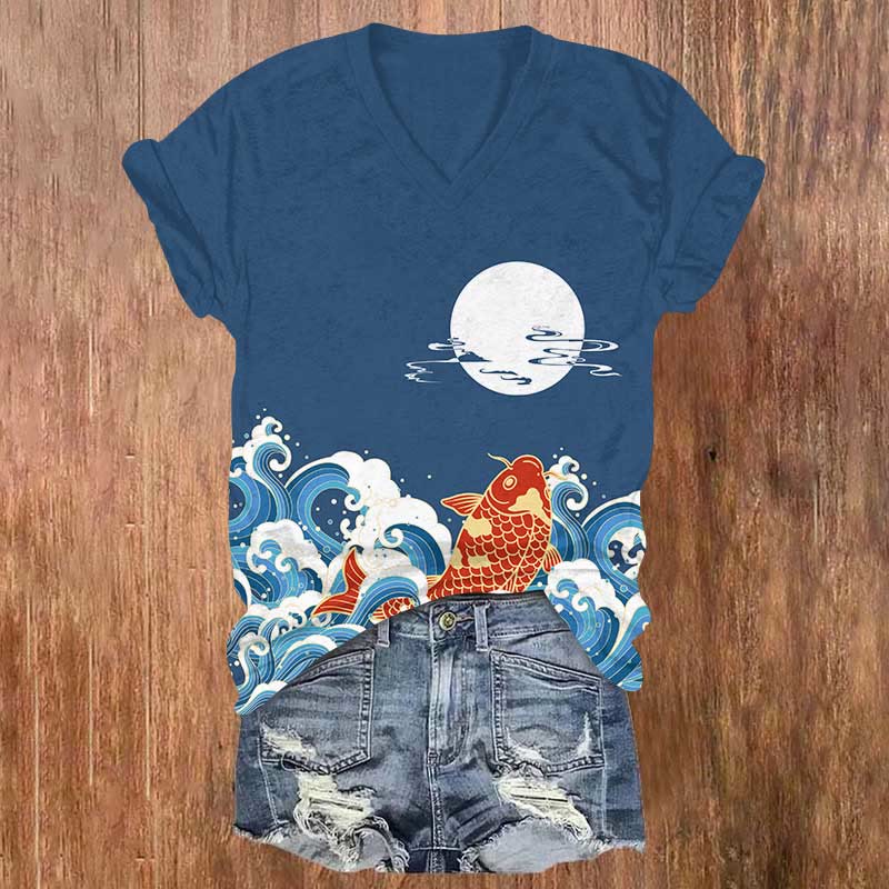 Japanese Vintage Koi In The Ocean Wave Print V-neck T-shirt - Blue - US32-34(5XL) - image 1