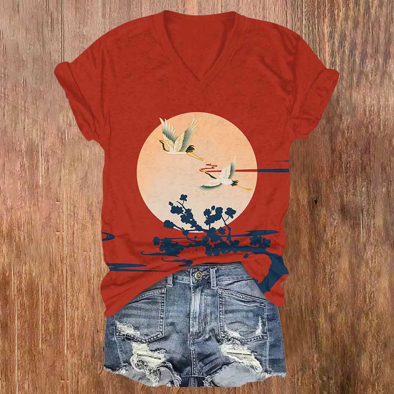 Japanese Sun Crane & Plum Blossom Art  Print V-neck T-shirt - Blue - US32-34(5XL) - image 1