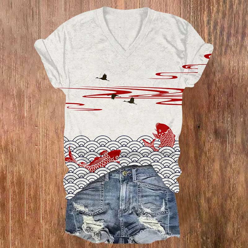 Japanese Fish Scale Pattern Wave Koi Print V-neck T-shirt - Light Gray - US32-34(5XL) - image 1