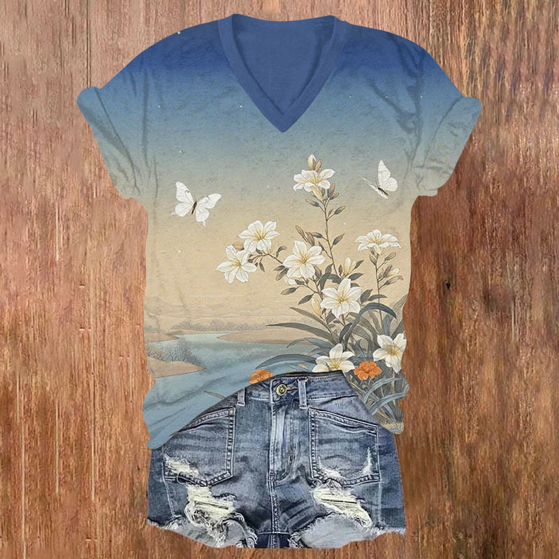 Vintage Flowers & Butterflies In The Desert Print V-neck T-shirt - Blue - US32-34(5XL) - image 1