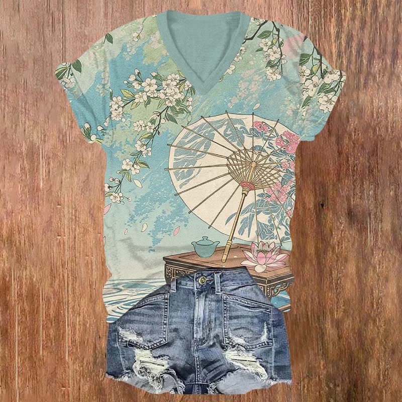 Japanese Vintage Lotus Umbrella On Tea Table Print V-neck T-shirt - Blue - US32-34(5XL) - image 1