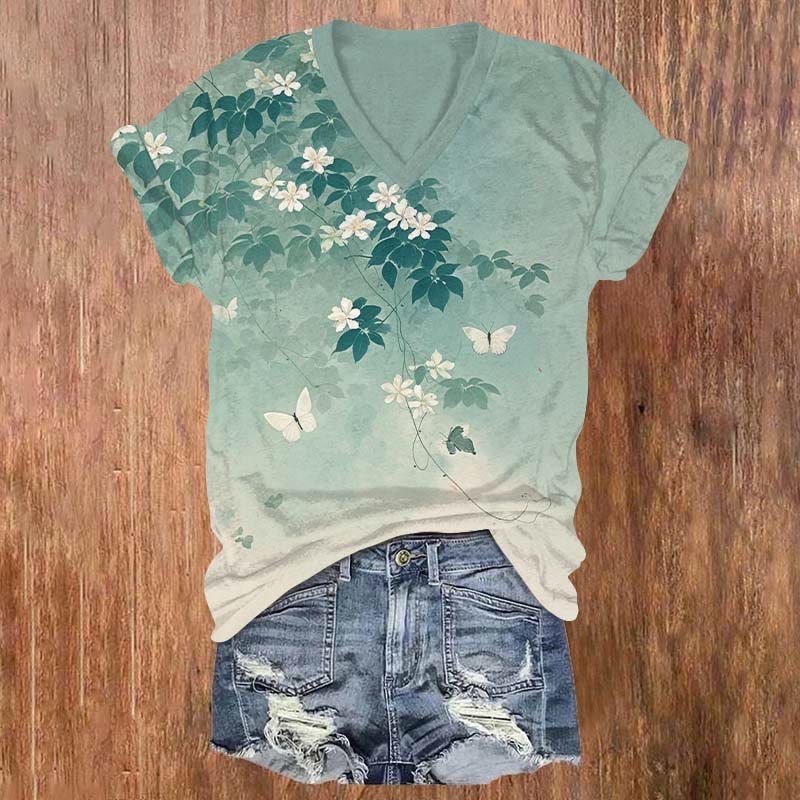 Vintage Lovely Green Leaf White Flowers Art Print V-neck T-shirt - Green - US32-34(5XL) - image 1