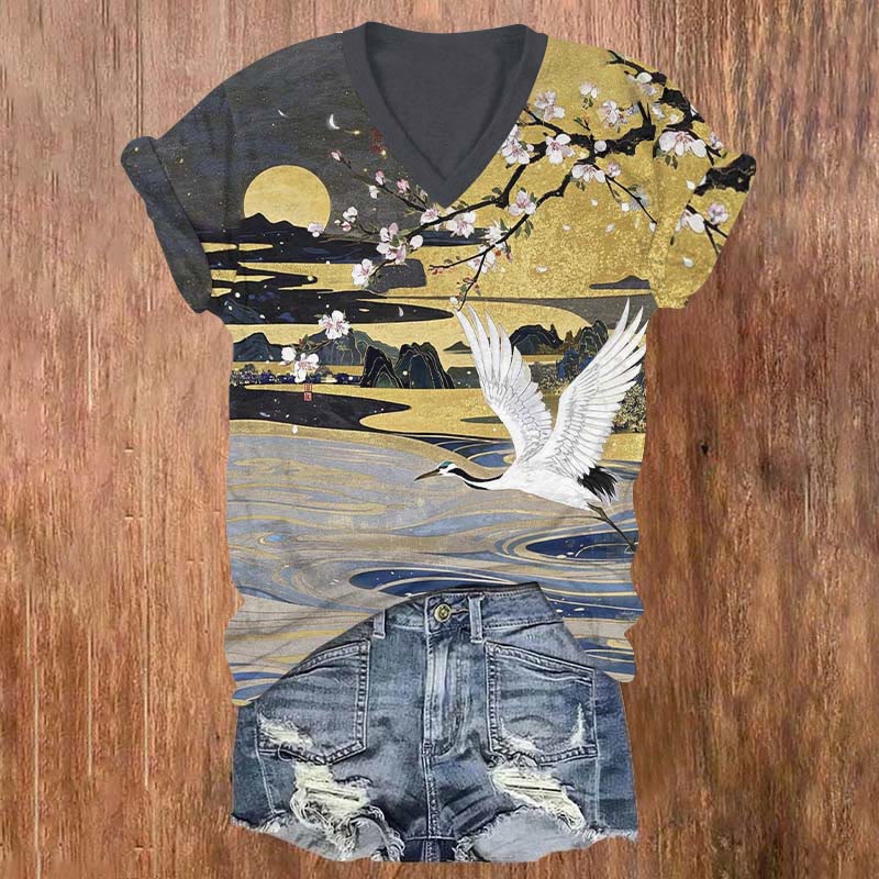 Japanese Landscape Painting Of Sakura & Crane Art Print V-neck T-shirt - Grey - US32-34(5XL) - image 1