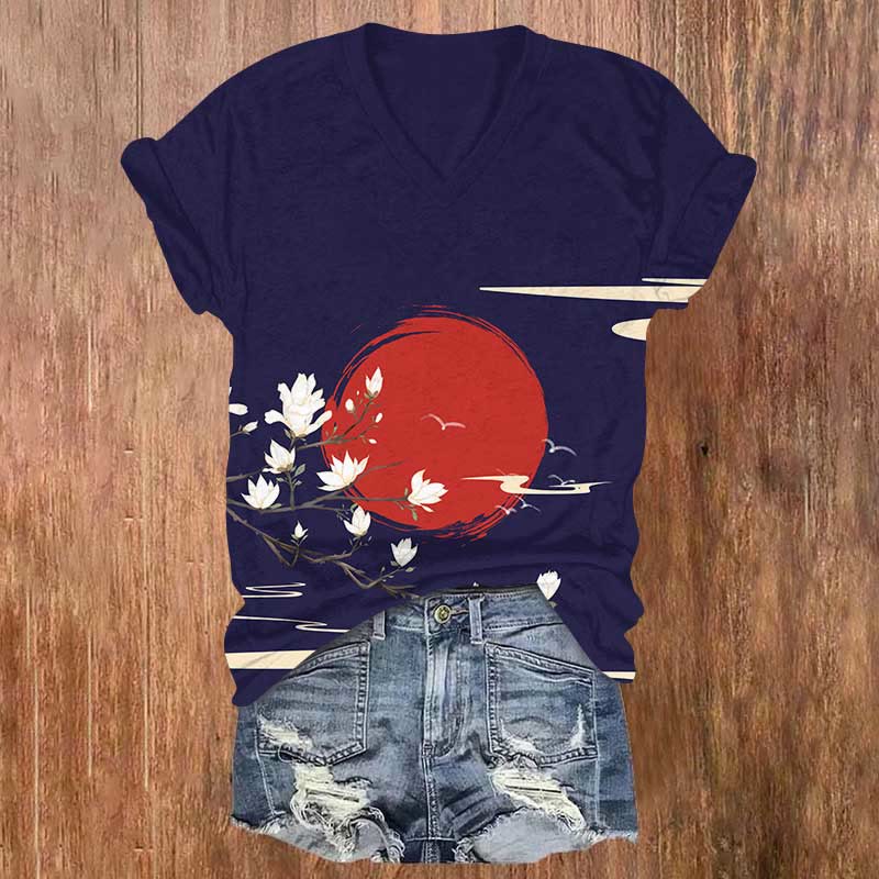 Japanese Sun & Plum Blossom Art Print V-neck T-shirt - Blue - US32-34(5XL) - image 1