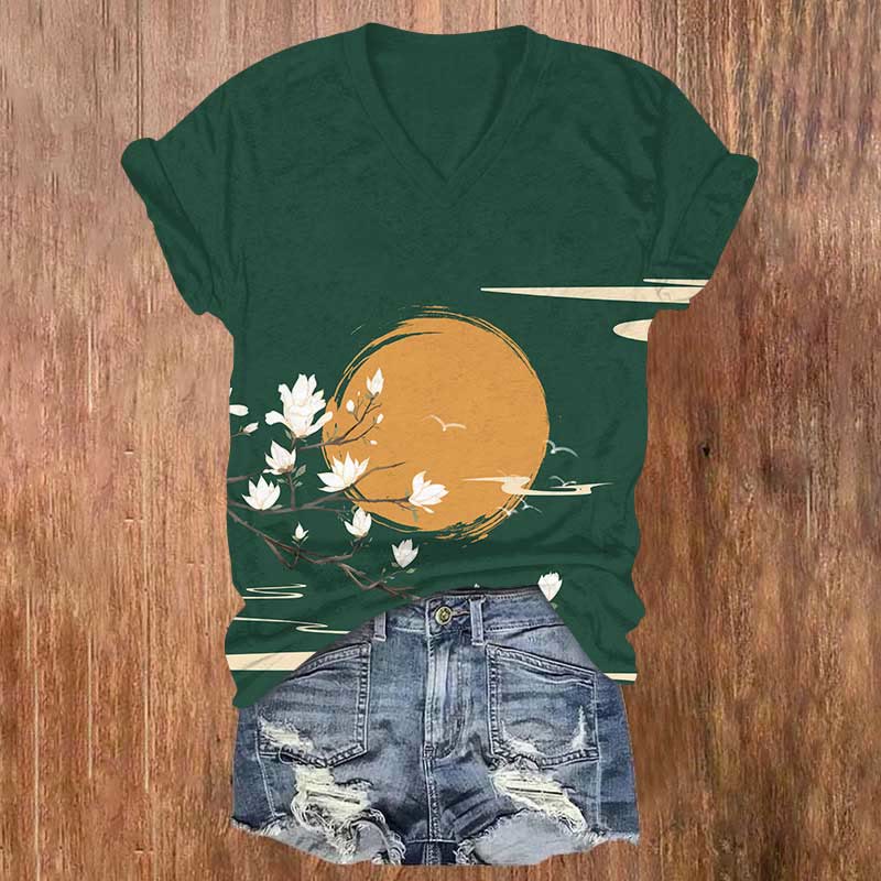 Japanese Sun & Plum Blossom Art Print V-neck T-shirt - Green - US32-34(5XL) - image 2