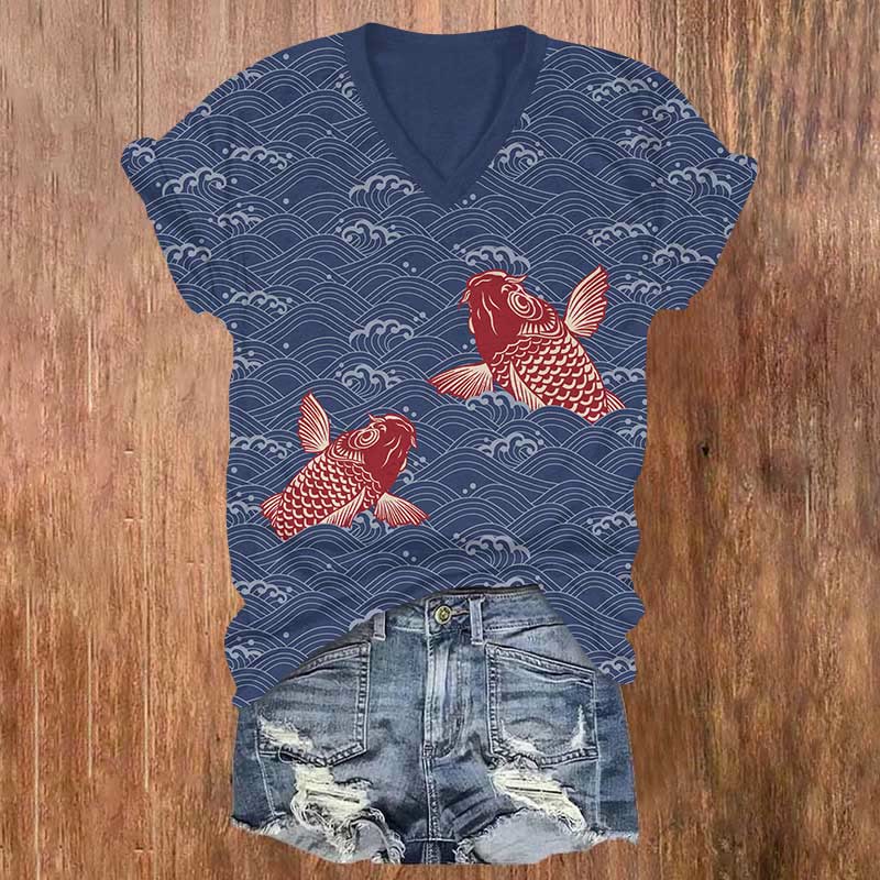 Japanese Red Koi Covered With Wave Patterns Print V-neck T-shirt - Blue - US32-34(5XL) - image 1