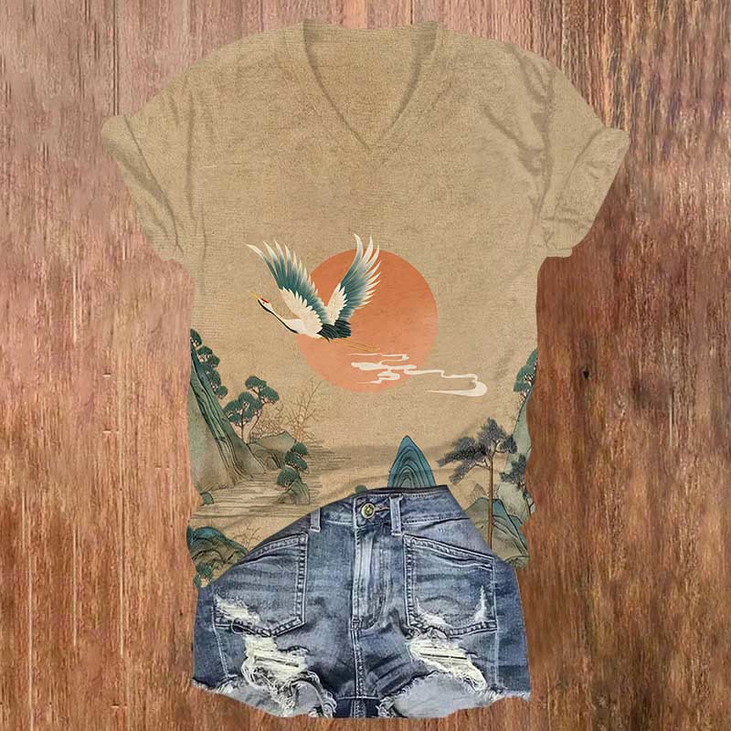 Japanese Vintage Landscape Painting Crane Print V-neck T-shirt - Khaki - US32-34(5XL) - image 1