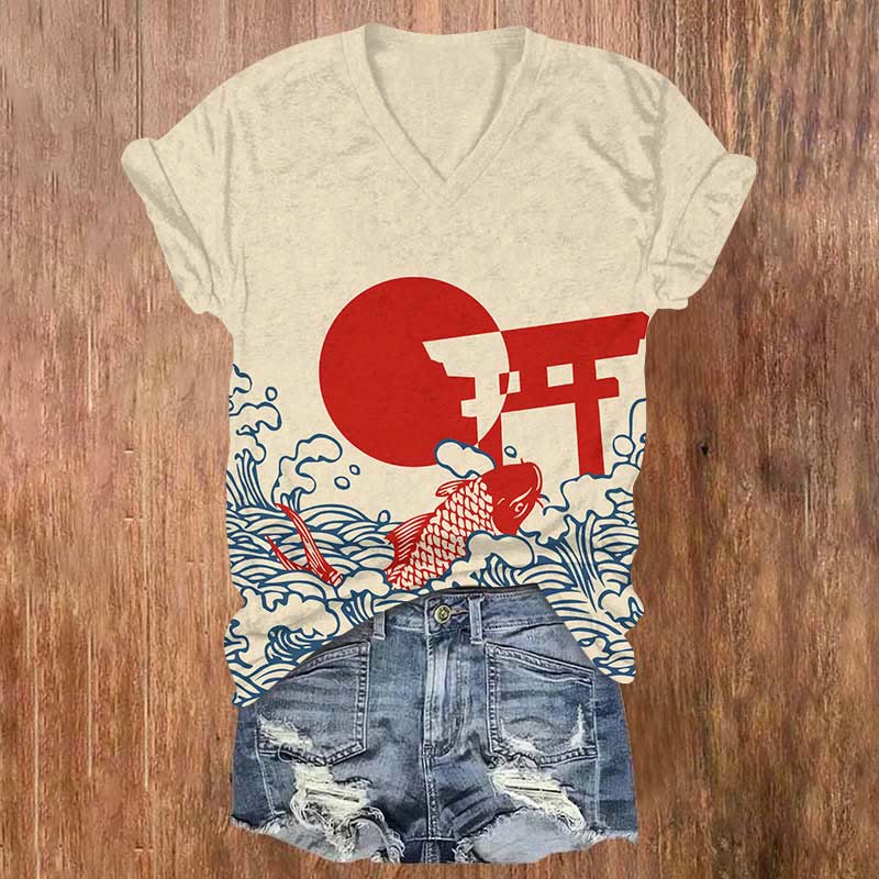 Japanese Abstract Wave Red Koi & Sun Print V-neck T-shirt - Apricot - US32-34(5XL) - image 1