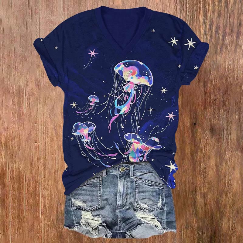 Vintage Fantasy Starry Jellyfish Art Print V-neck T-shirt - Navy Blue - US32-34(5XL) - image 1