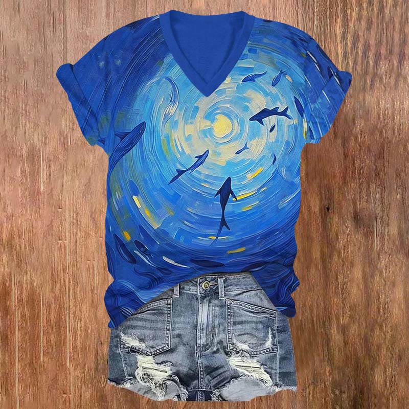 Mysterious Whale Swirl Art Print V-neck T-shirt - Blue - US32-34(5XL) - image 1