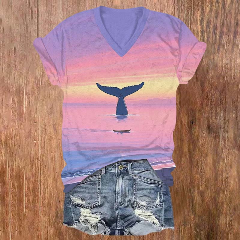  Whale Tail In Dreamy Sunset Sea Print V-neck T-shirt - Purple - US32-34(5XL) - image 1
