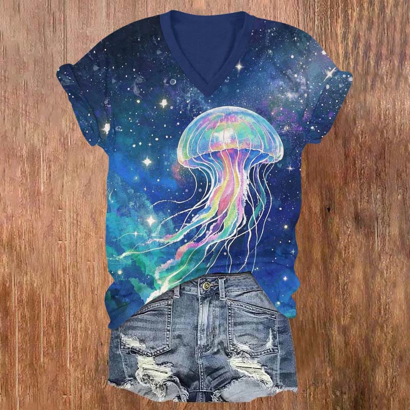 Fantasy Colorful Jellyfish Under Mystical Universe Art Print V-neck T-shirt - Blue - US32-34(5XL) - image 1