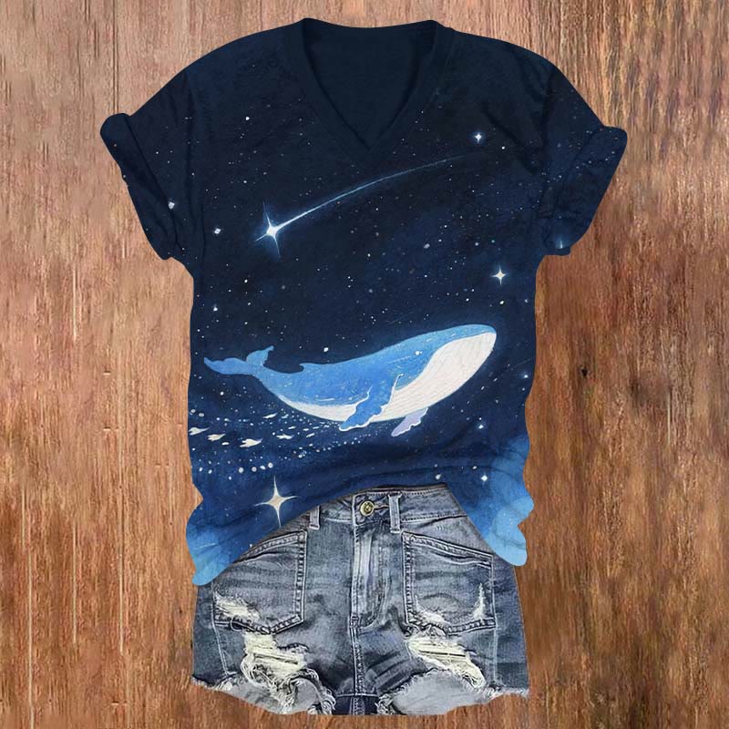 Vintage Starry Meteor Whale Art Print V-neck T-shirt - Dark Blue - US32-34(5XL) - image 1