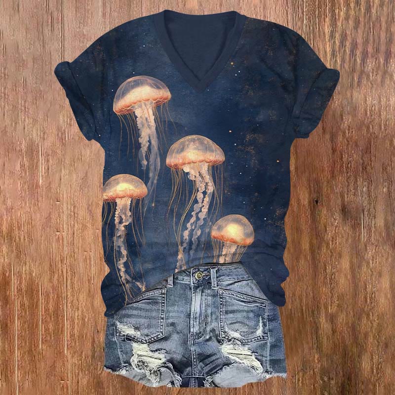 Vintage Lovely Orange Jellyfish Art Print V-neck T-shirt - Dark Blue - US32-34(5XL) - image 1