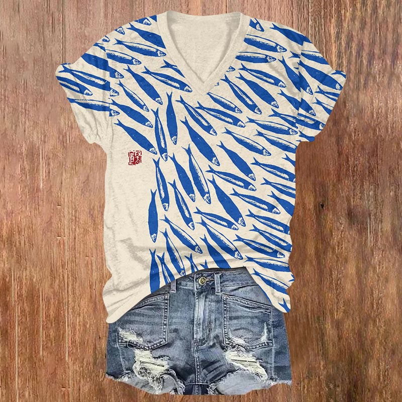 Japanese Vintage Sardine Fish School Art Print V-neck T-shirt - Blue - US32-34(5XL) - image 1
