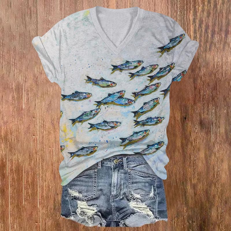 Japanese Watercolor Ocean Fish Print V-neck T-shirt - Grey - US32-34(5XL) - image 1