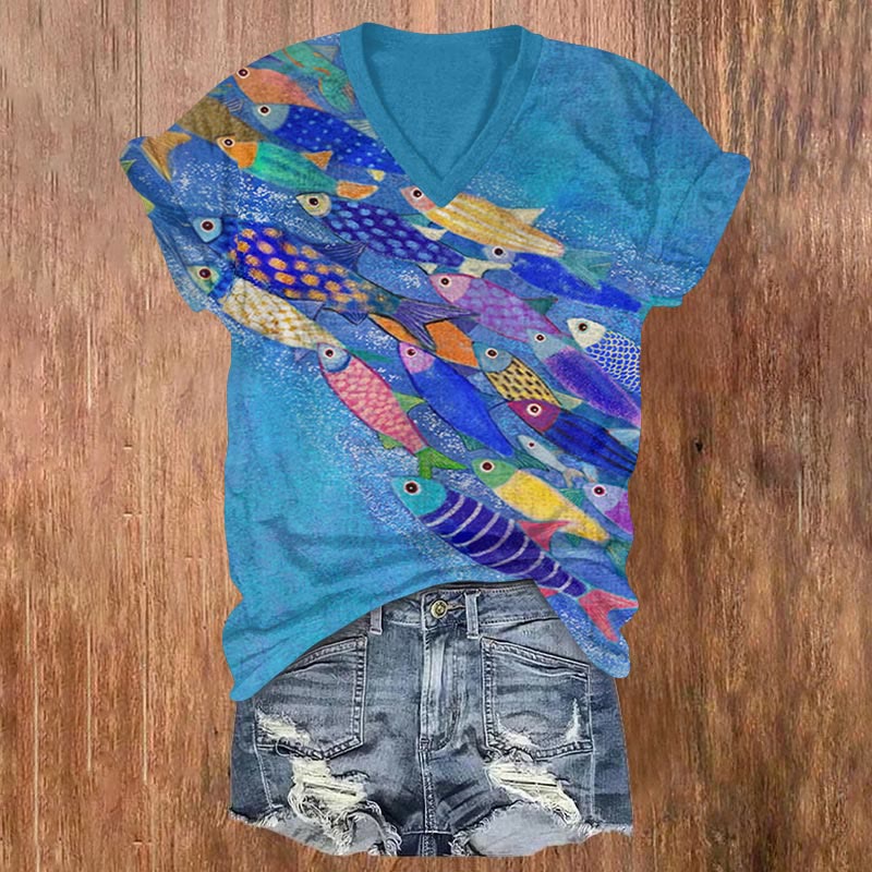 Japanese Colorful Cartoon Fish School Art Print V-neck T-shirt - Blue - US32-34(5XL) - image 1