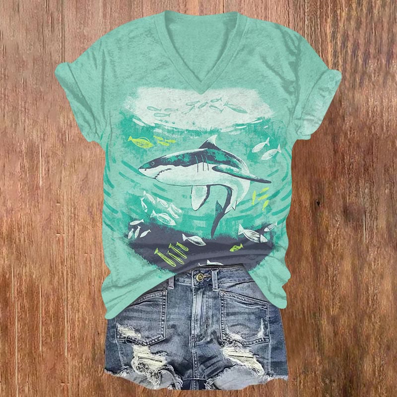 Japanese Vintage Shark Art Print V-neck T-shirt - Green - US32-34(5XL) - image 1