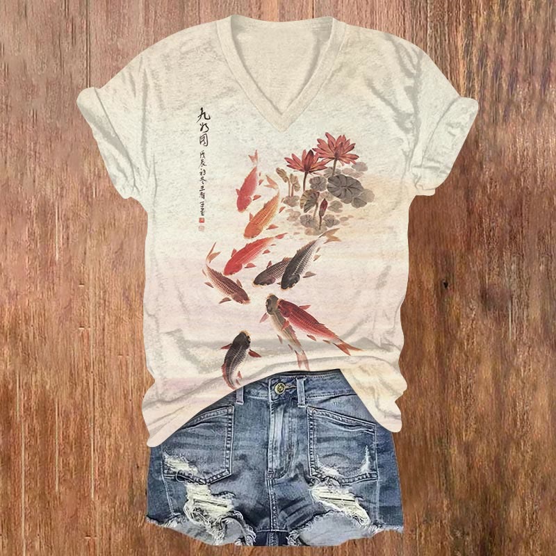 Japanese Vintage Koi Carp In Lotus Pond Art Print V-neck T-shirt - Apricot - US32-34(5XL) - image 1