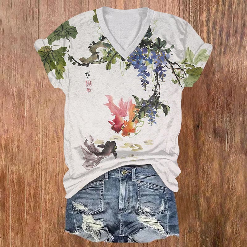 Japanese Watercolor Goldfish Under Blue Flower Vine Print V-neck T-shirt - Light Gray - US32-34(5XL) - image 1