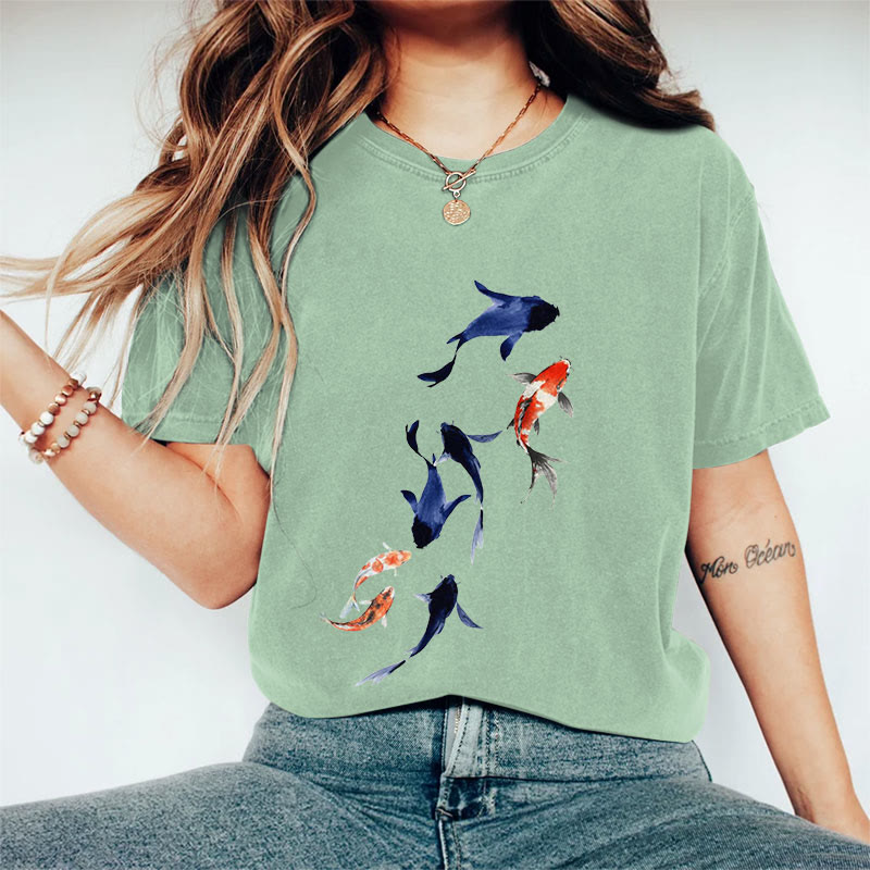 100% Cotton Koi Ink Painting Art Print Casual T-shirt - Green - 2XL - image 1