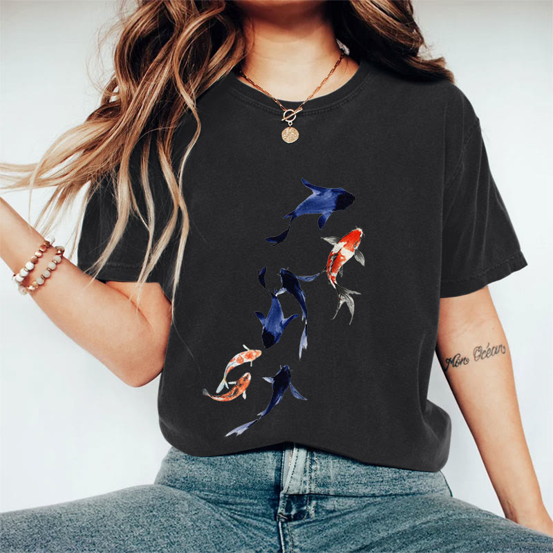 100% Cotton Koi Ink Painting Art Print Casual T-shirt - Black - 2XL - image 5