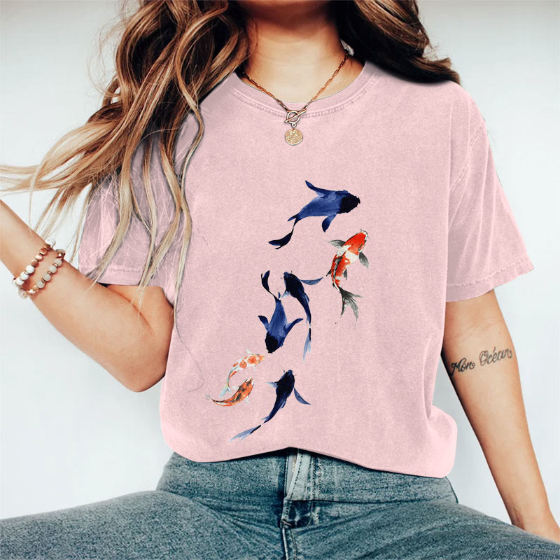 100% Cotton Koi Ink Painting Art Print Casual T-shirt - Pink - 2XL - image 7