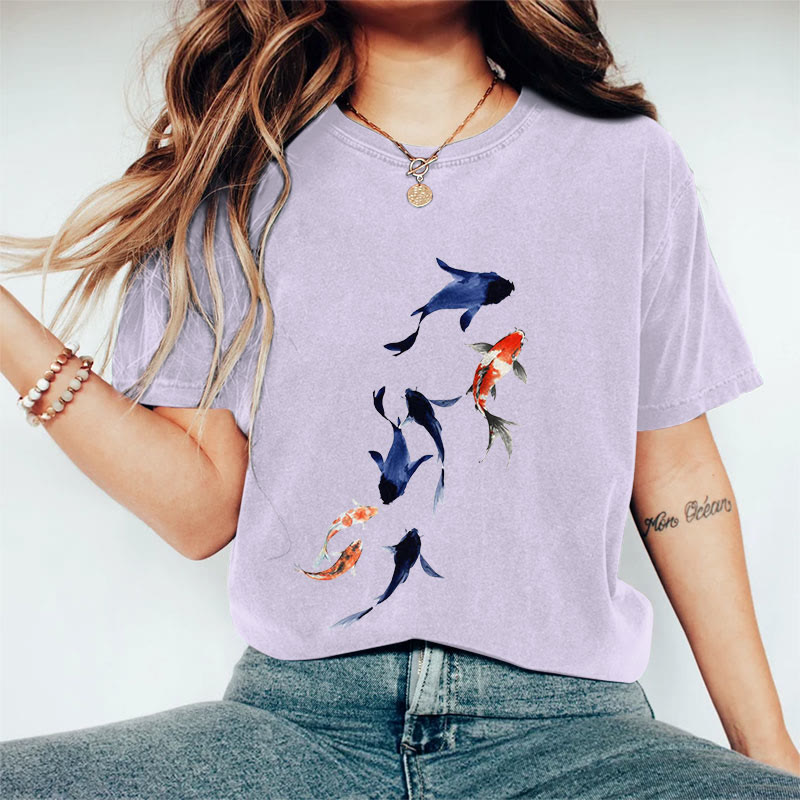100% Cotton Koi Ink Painting Art Print Casual T-shirt - Purple - 2XL - image 8