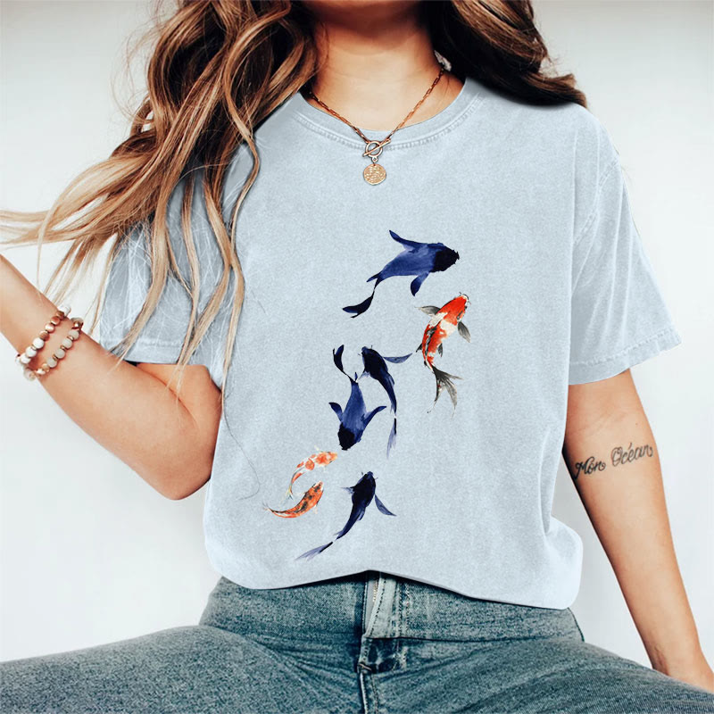 100% Cotton Koi Ink Painting Art Print Casual T-shirt - Blue - 2XL - image 9