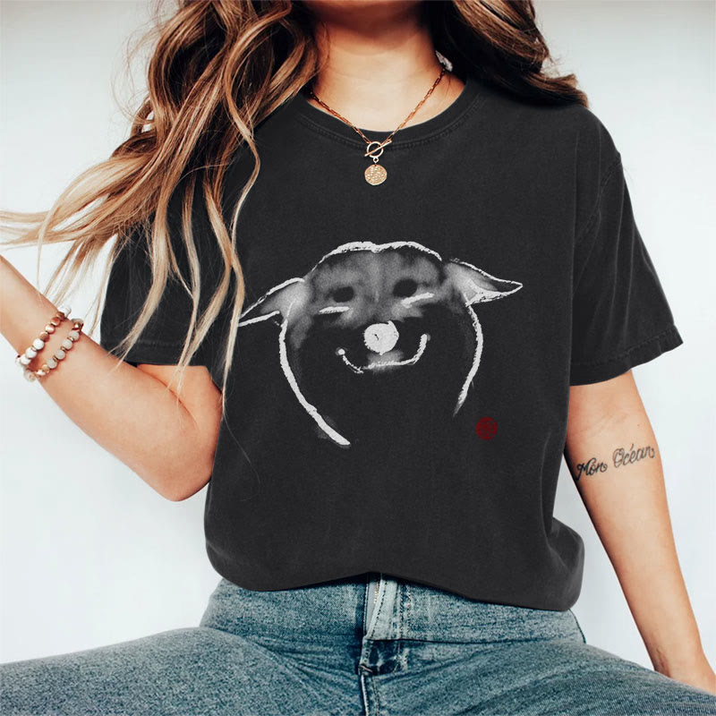 100% Cotton Cute Shiba Inu Print Casual T-shirt - Black - 2XL - image 8