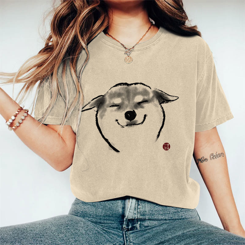 100% Cotton Cute Shiba Inu Print Casual T-shirt - Khaki - 2XL - image 1