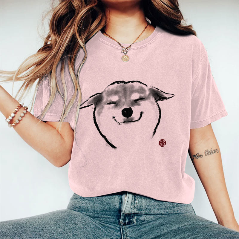 100% Cotton Cute Shiba Inu Print Casual T-shirt - Pink - 2XL - image 2
