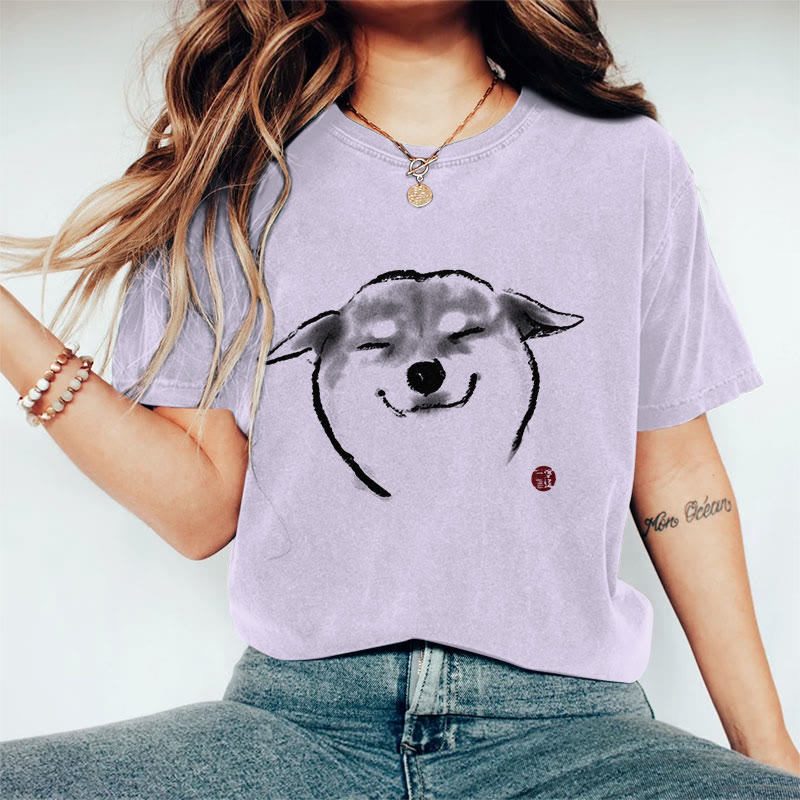 100% Cotton Cute Shiba Inu Print Casual T-shirt - Purple - 2XL - image 7