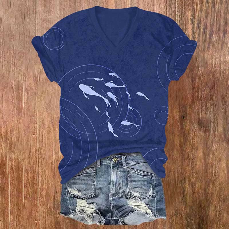 Vintage Bubble Goldfish Art Print V-neck T-shirt - Blue - US32-34(5XL) - image 1