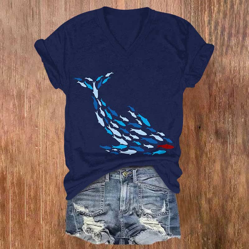 Vintage Fish School Whales Art Print V-neck T-shirt - Blue - US32-34(5XL) - image 1
