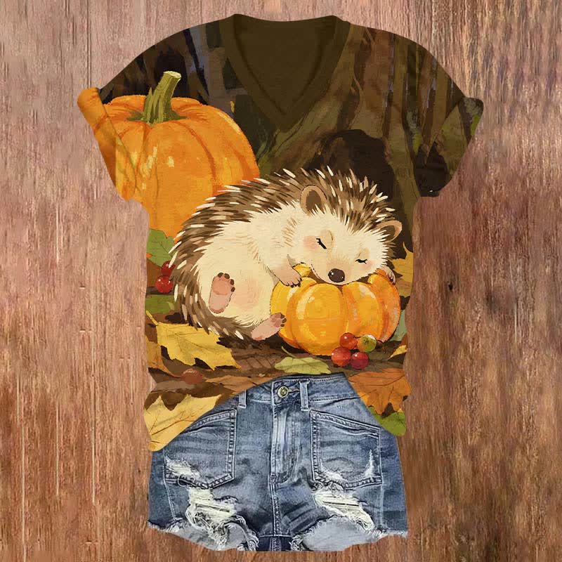 Halloween Sleeping Hedgehog Holding Pumpkin Print V-neck T-shirt - Brown - US32-34(5XL) - image 1