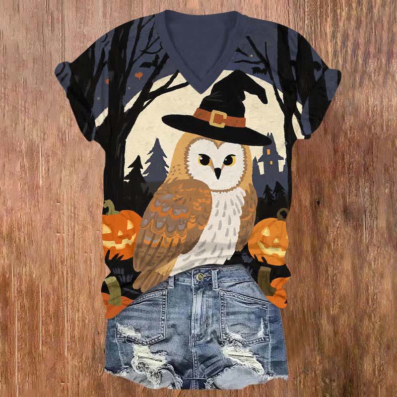  Halloween Wizard Owl In Dark Forest Print V-neck T-shirt - Multicolor - US32-34(5XL) - image 1