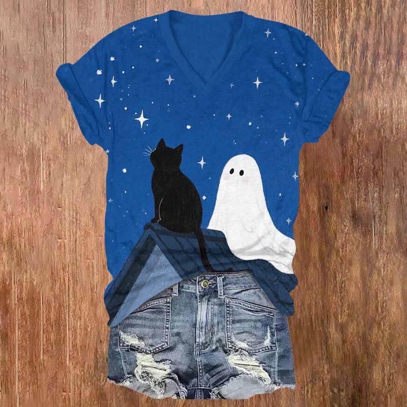 Halloween Black & Ghost On The Roof Print V-neck T-shirt - Blue - US32-34(5XL) - image 1