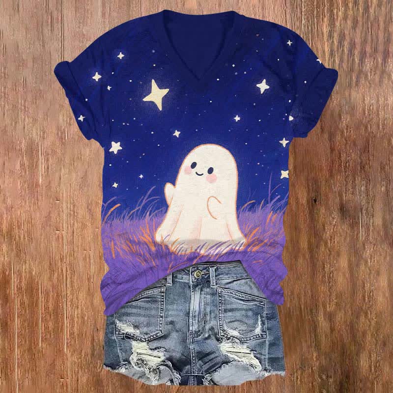 Halloween Lovely Ghost Under Starry Night Sky Print V-neck T-shirt - Blue - US32-34(5XL) - image 1