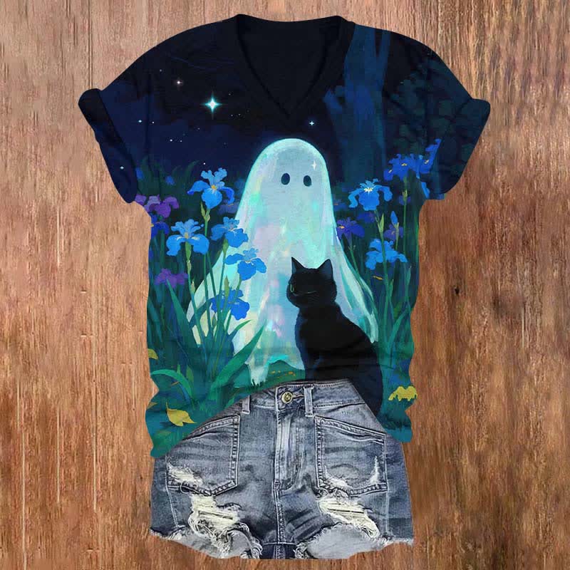 Halloween Black Cat & Ghost Surrounded By Flowers Print V-neck T-shirt - Black - US32-34(5XL) - image 1